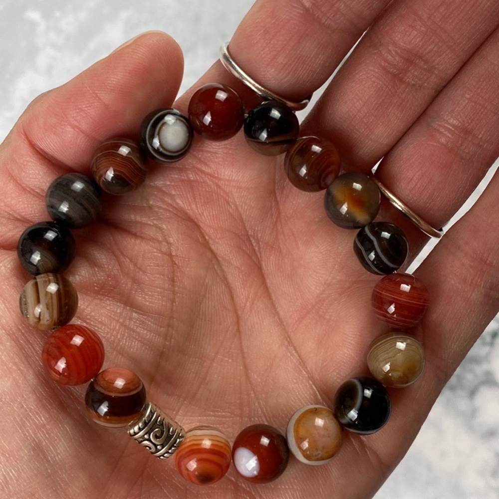 Beaded Sardonyx Stretch Bracelet - Multi Brown & Red - 10mm